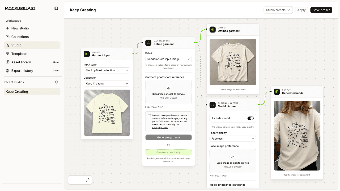 MockupBlast Studio AI garment workflow